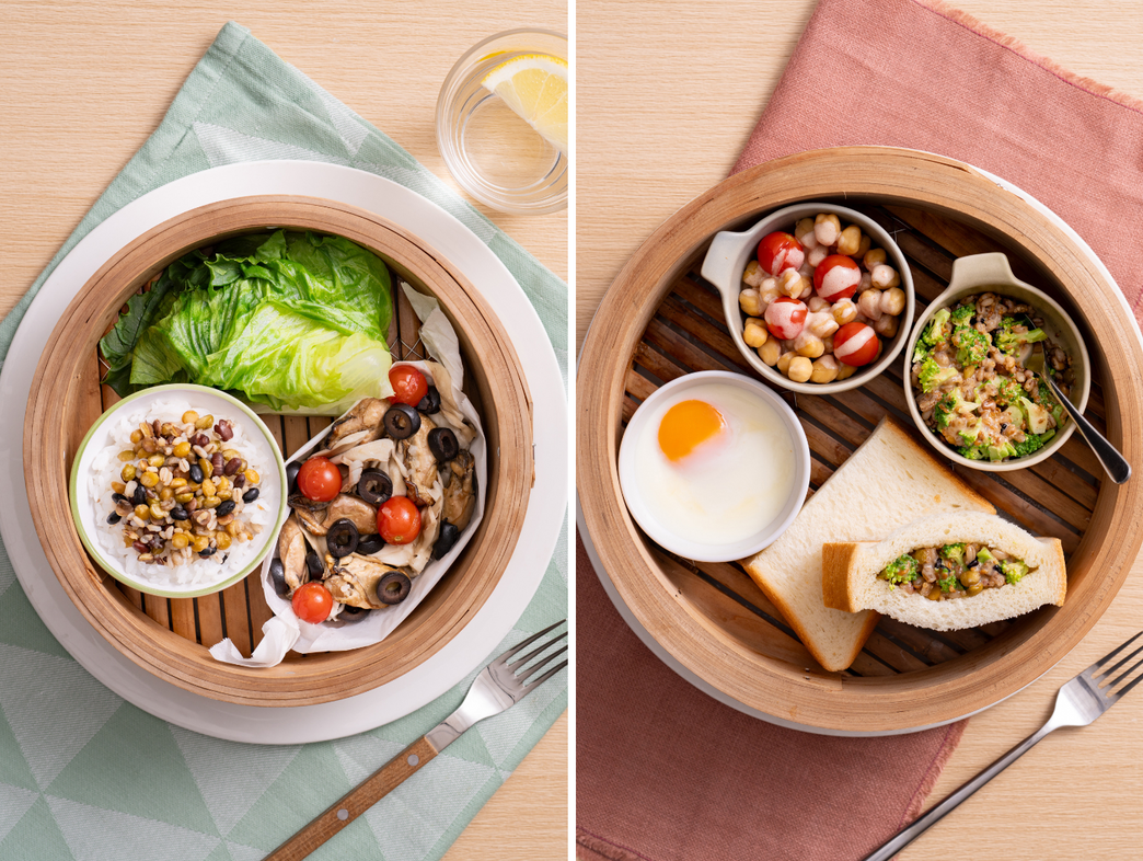 「オイスターとオリーブの包み蒸し・豆ご飯」「豆とトマトの明太ソースあえ・ブロッコリーともち麦サンド」