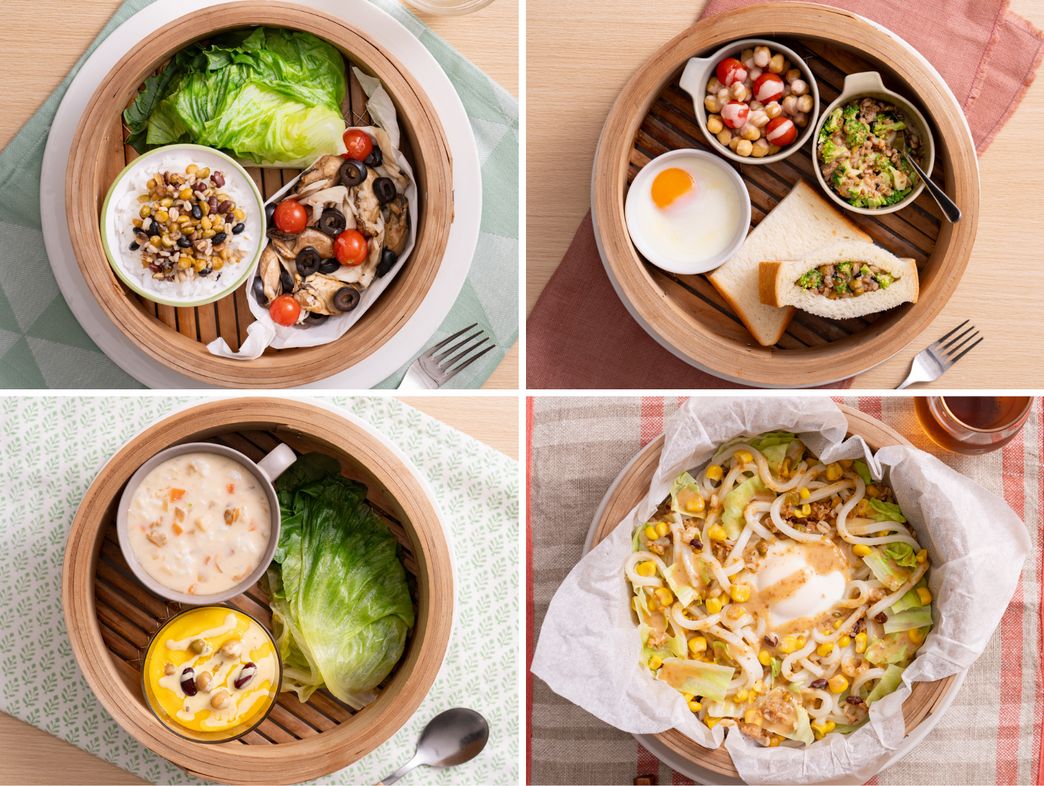 「オイスターとオリーブの包み蒸し・豆ご飯」「豆とトマトの明太ソースあえ・ブロッコリーともち麦サンド」「豆のスクランブルエッグ・チャウダーのリゾット風」「大豆ミートとコーンの胡麻ソース蒸しうどん」