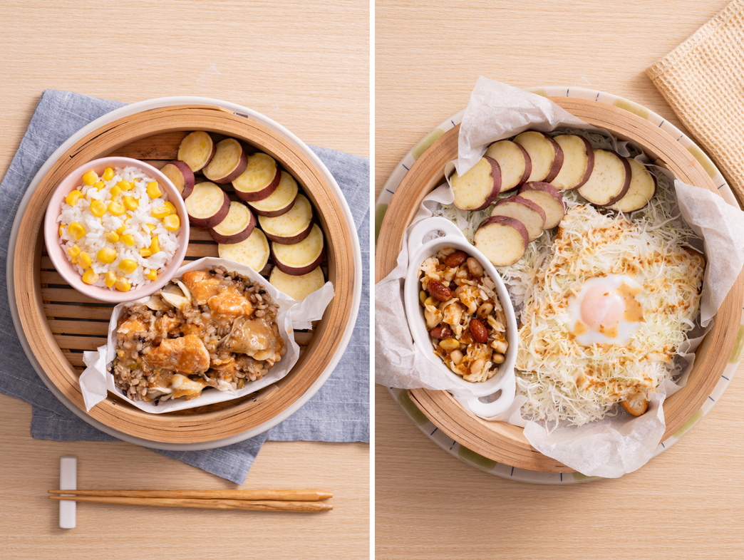 「サーモンときのこともち麦の包み蒸し・コーンご飯」「豆とチキンの蒸しサラダ・キャベたまのオープンサンド」